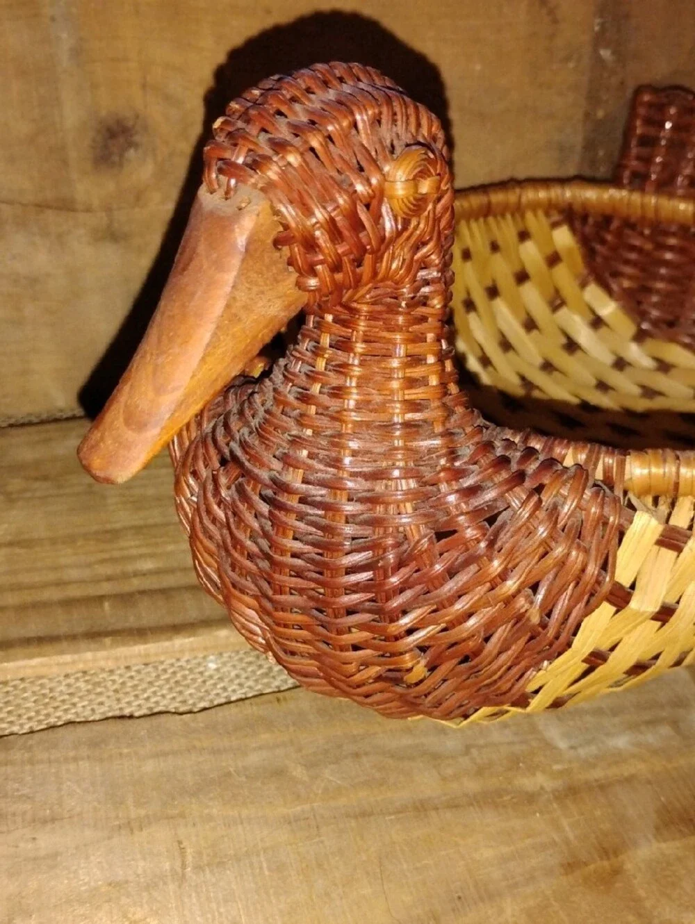 Vintage Woven Duck-Shaped Accent Basket 10.5 Inches Two Tone Color Cottagecore